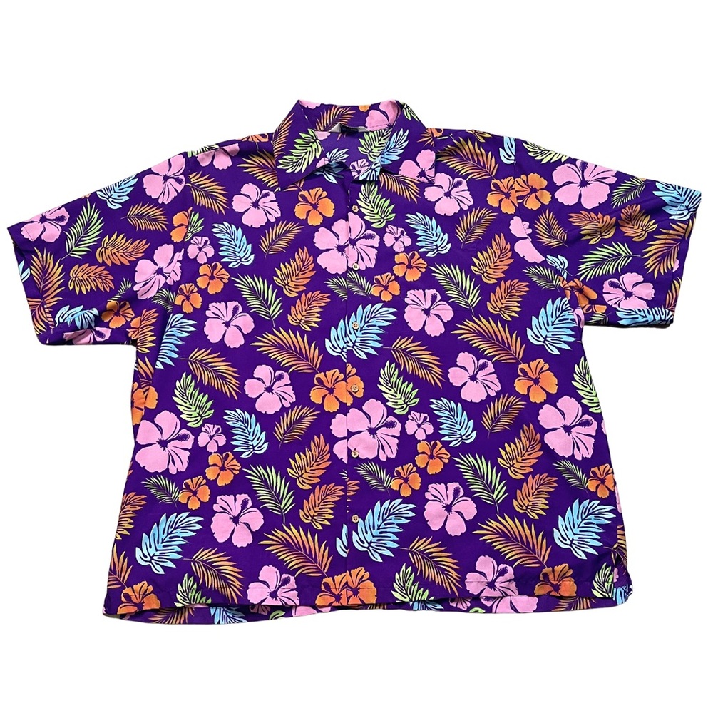 Vintage Hawaiian Button Up Short Sleeve Purple Pink